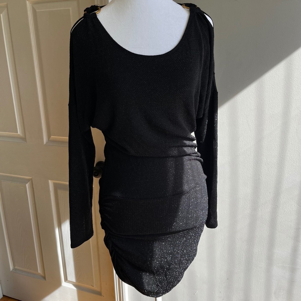 Women's Sparkly Cocktail Dress, Elegant Party Evening Dress, Ruched Long‎ Sleeve